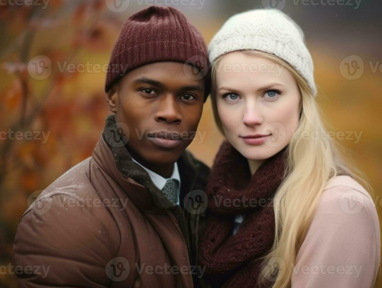 kärleksfull interracial par är njuter en romantisk höst dag ai generativ foto