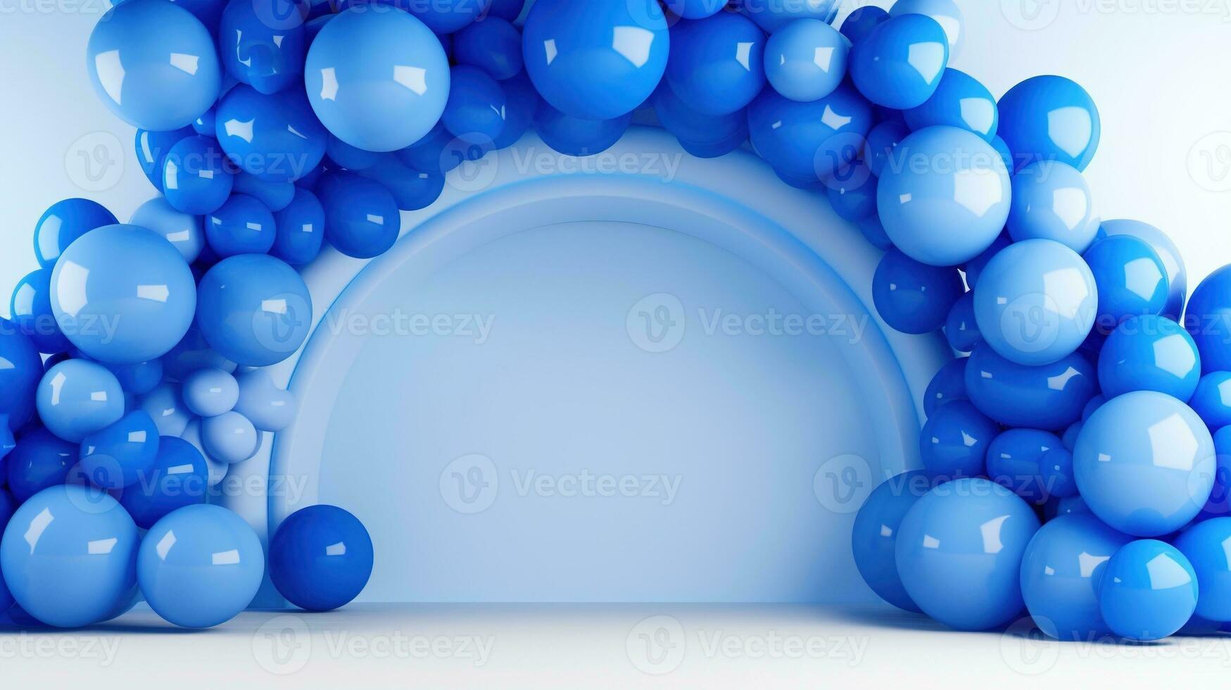 generativ ai, båge av blå ballonger. födelsedag fest för pojke 3d bakgrund, dusch. mockup, mall för hälsning kort. foto
