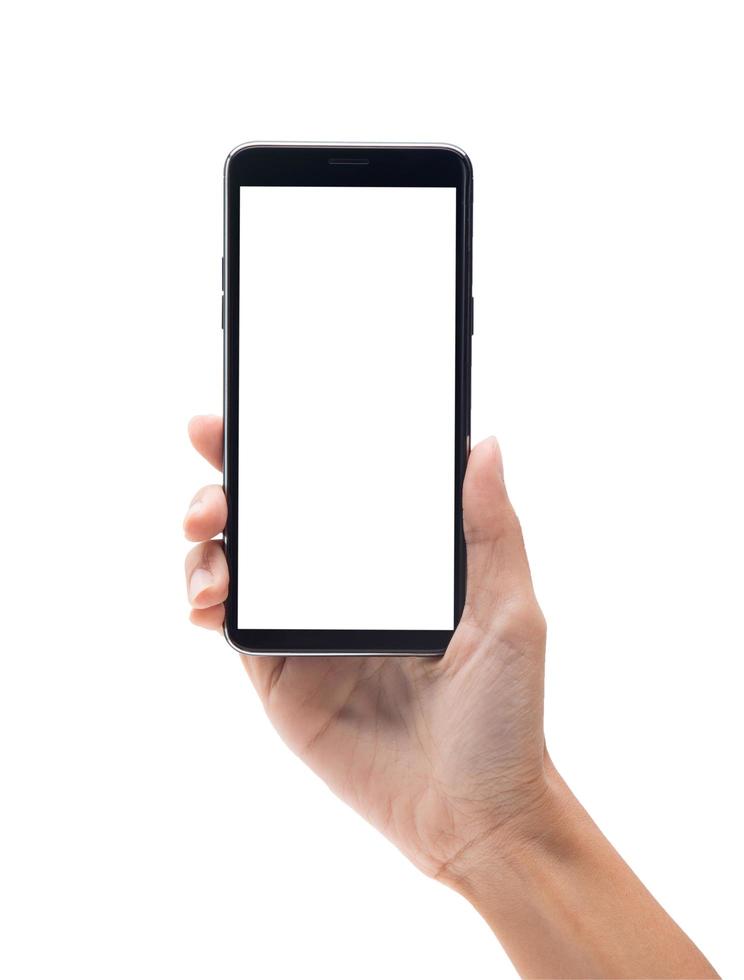 hand som håller smartphonen på vit bakgrund med urklippsbana foto