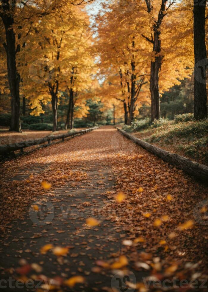 skön höst landskap med. färgrik lövverk i de parkera. faller löv naturlig bakgrund. ai genererad foto