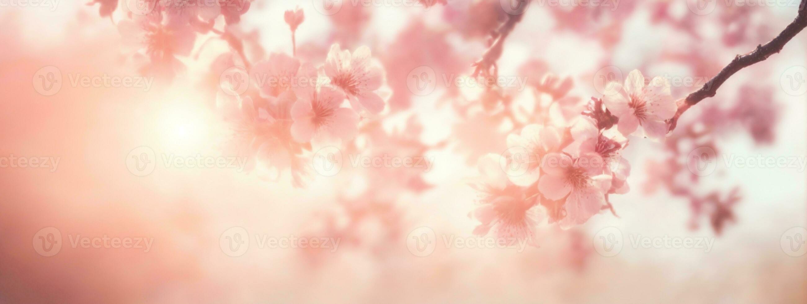 vår gräns eller bakgrund konst med rosa blomma. skön natur scen med blomning träd och Sol blossa. ai genererad foto