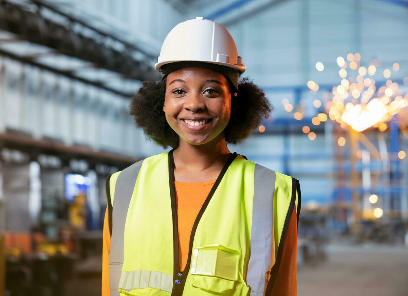 porträtt tung industri ingenjör kvinna arbetstagare bär säkerhet väst och Hardhat leende på kamera. i de bakgrund ofokuserad stor industriell factory.ai-genererad. foto