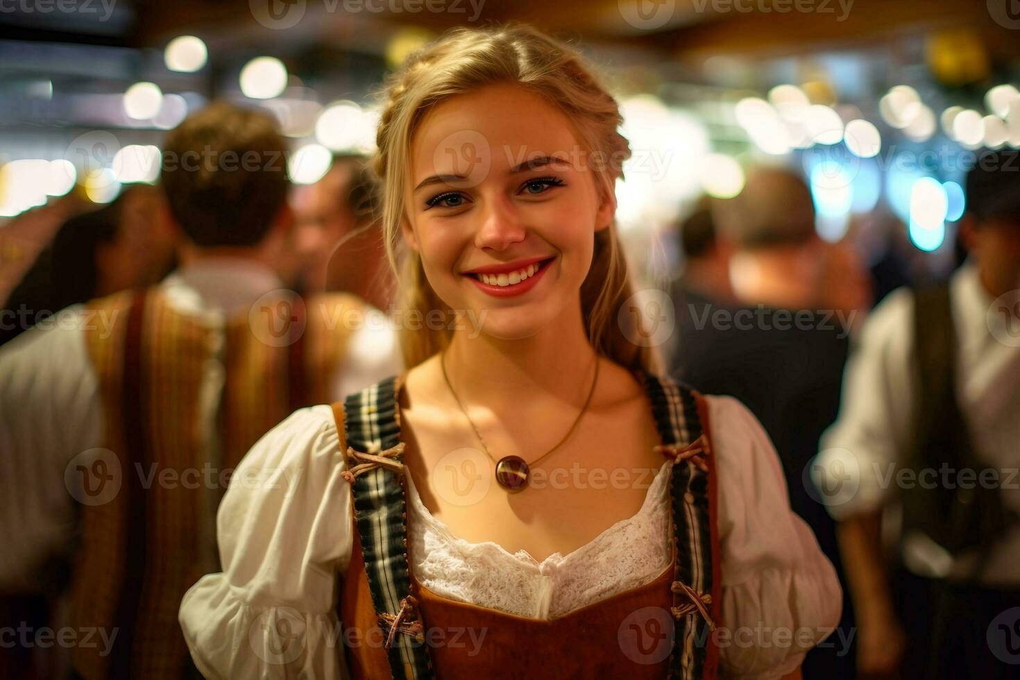 porträtt av en leende ung kvinna i en traditionell bavarian kostym. fira oktoberfest. ai generativ foto