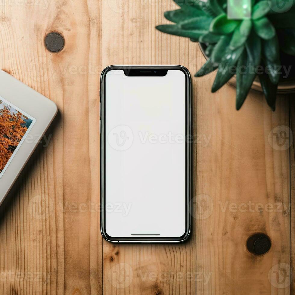 ai generativ en vit skärm cell telefon på en trä- tabell foto