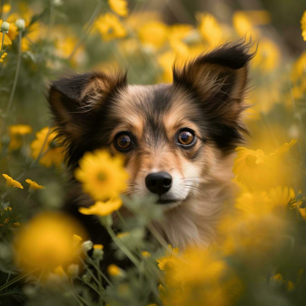 hund bland blomning blommor ai genererad, ai generativ foto