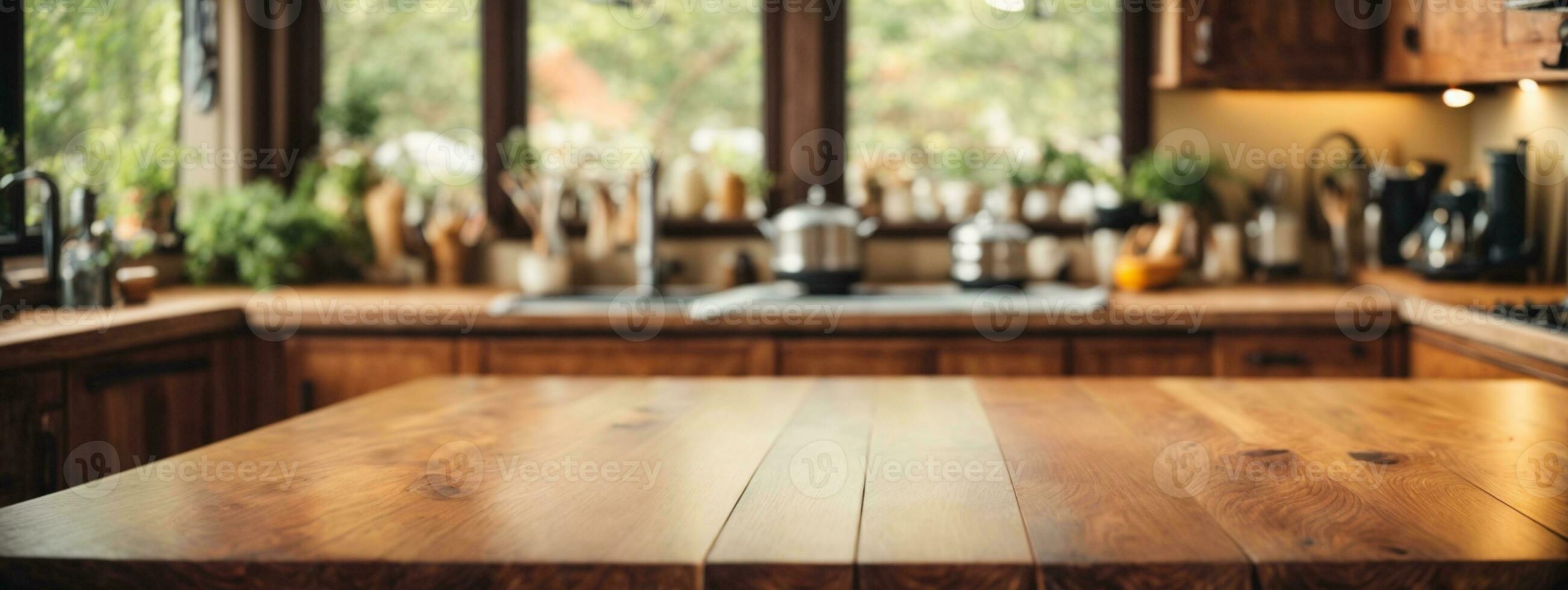trä tabell topp på fläck kök disken rumsbakgrund.. ai genererad foto