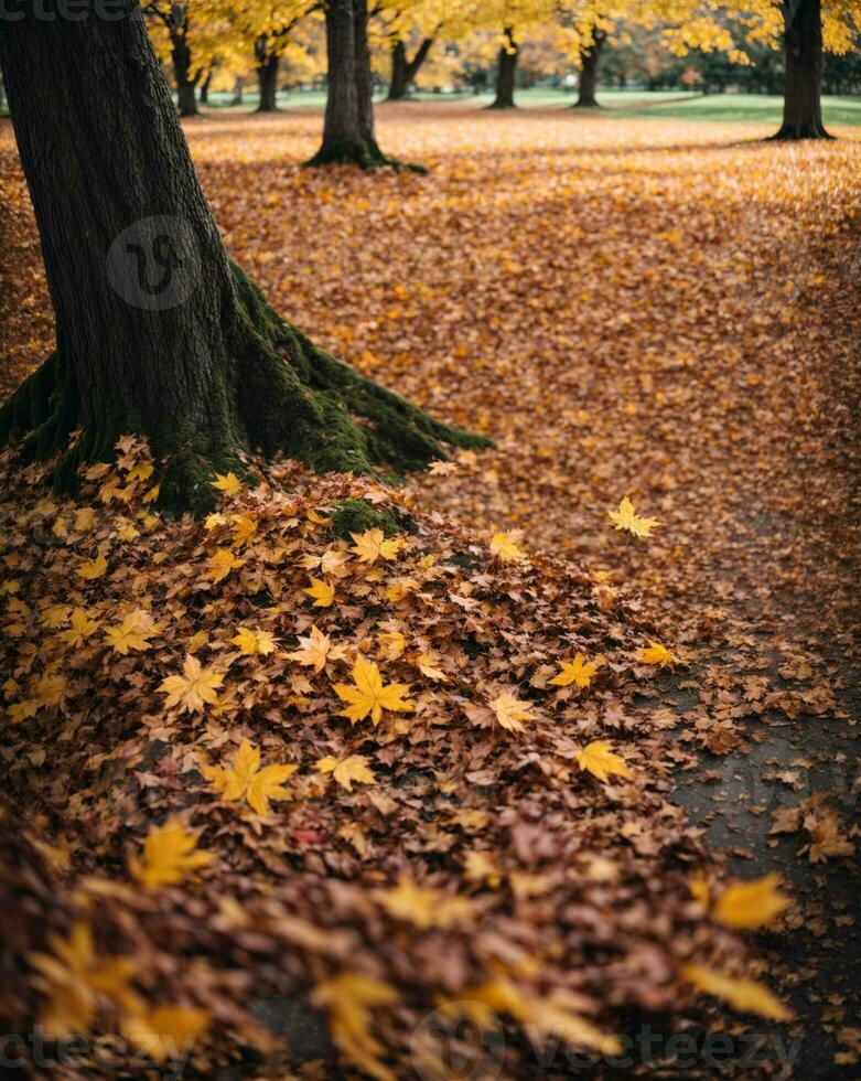 skön höst landskap med. färgrik lövverk i de parkera. faller löv naturlig bakgrund. ai genererad foto