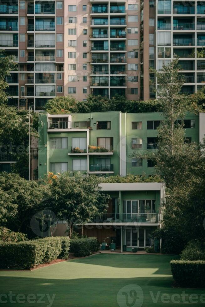 modern lägenhet byggnader i en grön bostads- område i de stad. ai genererad foto