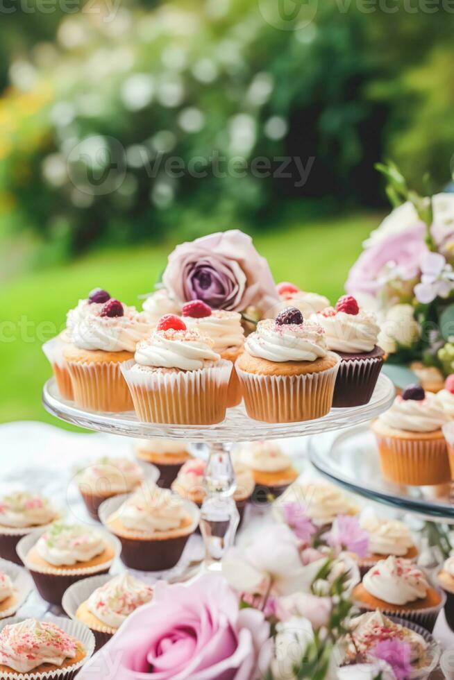 cupcakes, kakor, scones och muffins och Semester dekoration utomhus på de engelsk Land stil trädgård, ljuv desserter för bröllop, födelsedag eller fest firande, generativ ai foto