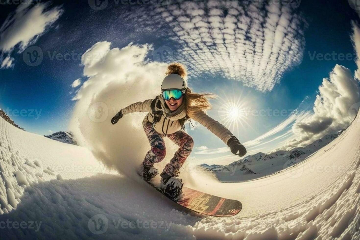 en ung flicka på en snowboard rusar på bra hastighet från en snöig berg. extrem sport. gå proffs bred vinkel skott. foto