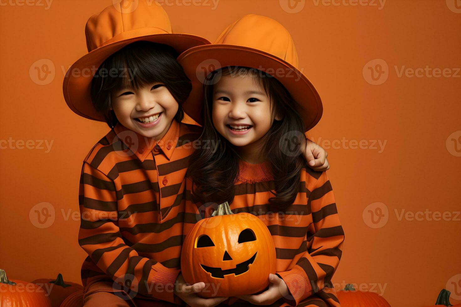 Lycklig barn bär halloween kostymer och håll en pumpa i de fest, studio skott, kopia Plats. illustration, generativ ai foto