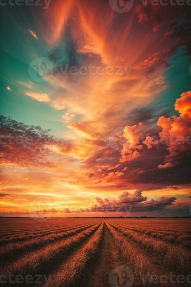 bakgrund av färgrik himmel begrepp dramatisk solnedgång med skymning Färg himmel och moln. ai genererad foto