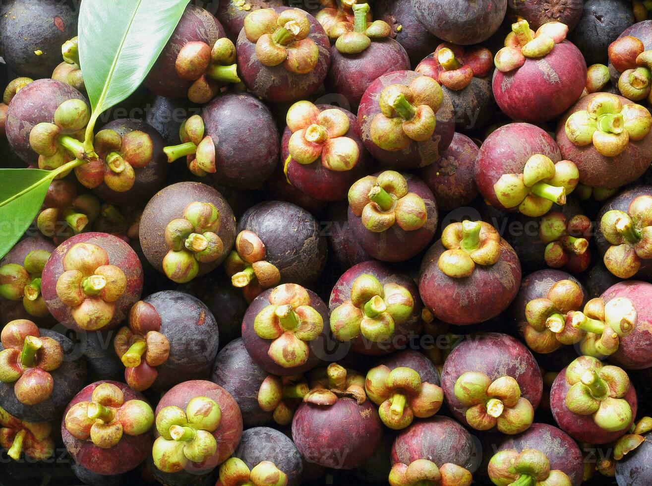 topp se av färsk , ljuv och utsökt organisk mangostan frukt med blad för försäljning i en marknadsföra - i thailand den känd som drottning av frukt foto