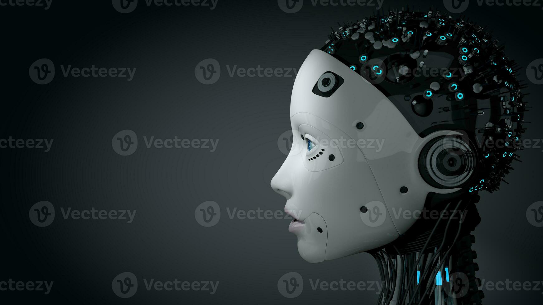 sida se av huvud av kvinna humanoid robot med vit lysande plast hud, blå ögon och upplyst kretsar i henne skalle. 3d illustration foto