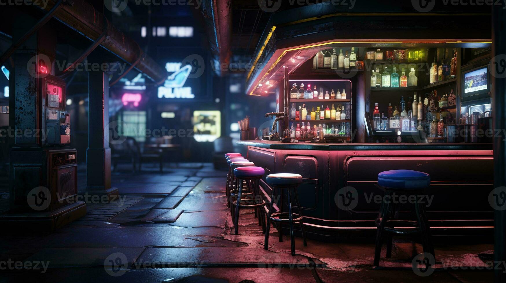 generativ ai, cyberpunk stil bar eller Kafé. natt scen av stor stad, trogen nostalgisk 80-tal, 90-tal. neon lampor vibrerande färger, fotorealistisk horisontell illustration. foto