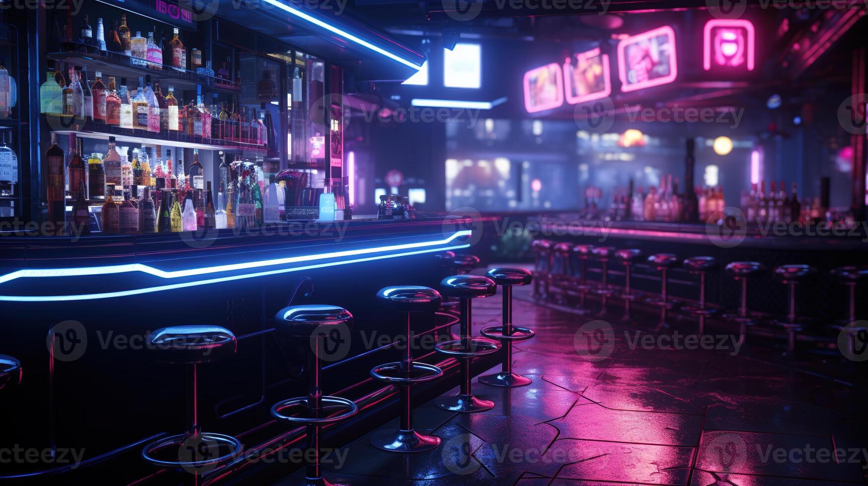 generativ ai, cyberpunk stil bar eller Kafé. natt scen av stor stad, trogen nostalgisk 80-tal, 90-tal. neon lampor vibrerande färger, fotorealistisk horisontell illustration. foto