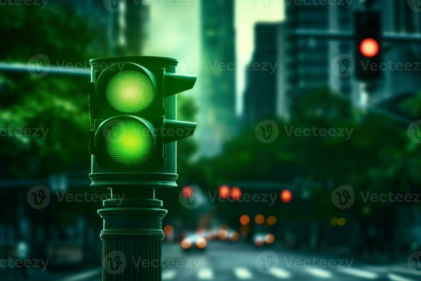 reglerad stad grön trafik ljus gata. generera ai foto