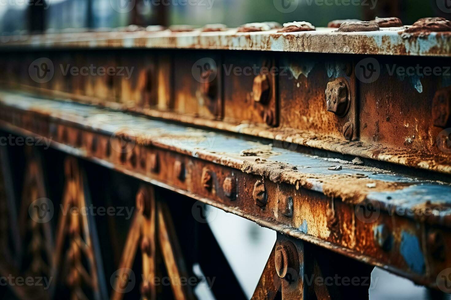 stänga upp av rostig detaljer på en årgång bro bakgrund med tömma Plats för text foto
