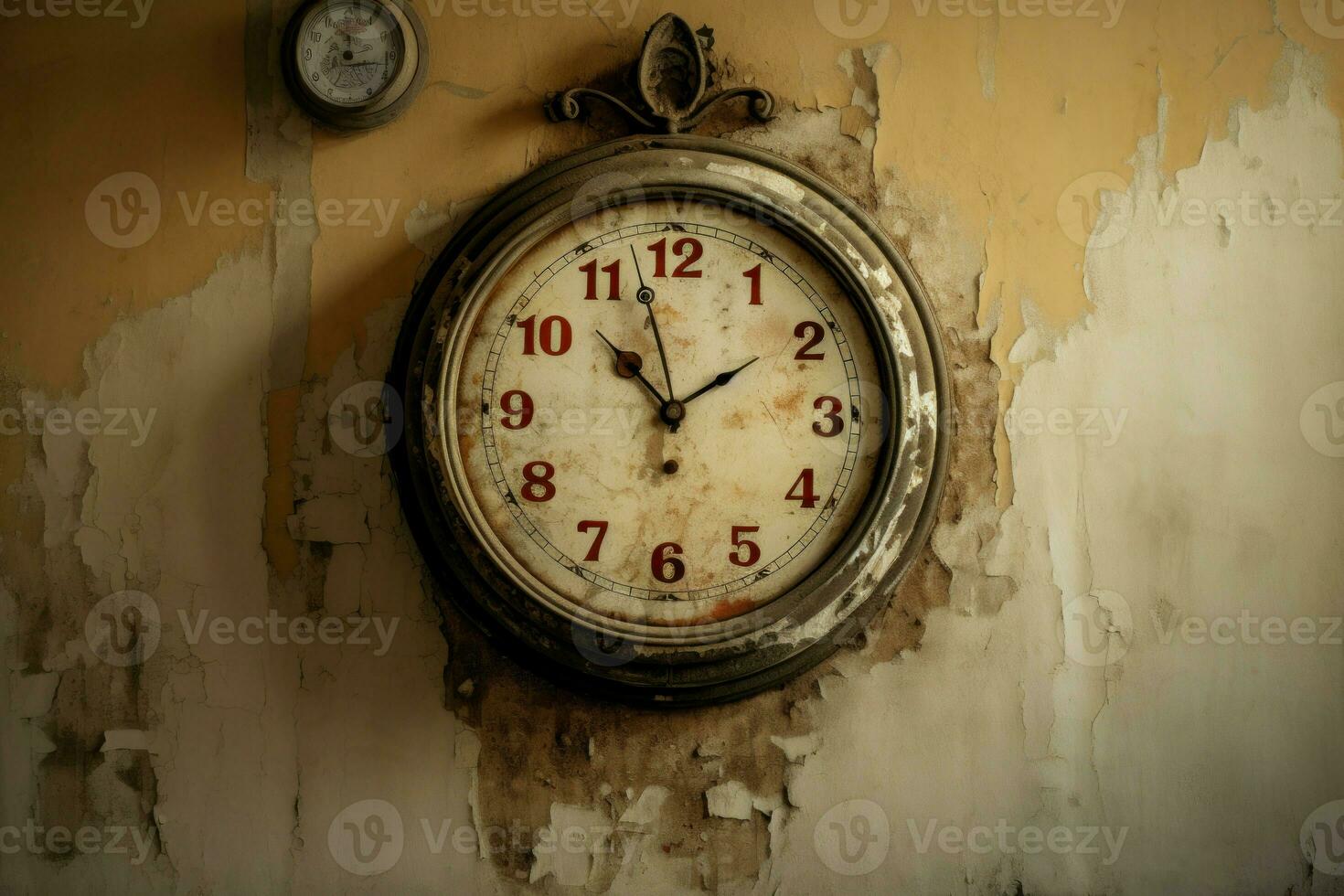 antik gammal klocka på tegel vägg. generera ai foto