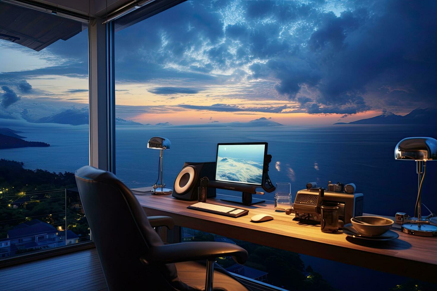 arbetsplats med dator på de tabell i de rum utsikt de hav, dator rum med en se av de hav, öar och de himmel, ai genererad foto