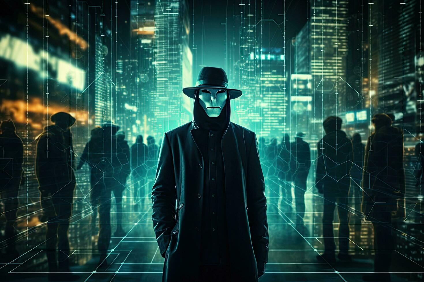 mystisk man med svart mask och lysande stadsbild på bakgrund, anonym hacker, omgiven förbi en nätverk av lysande data, ai genererad foto