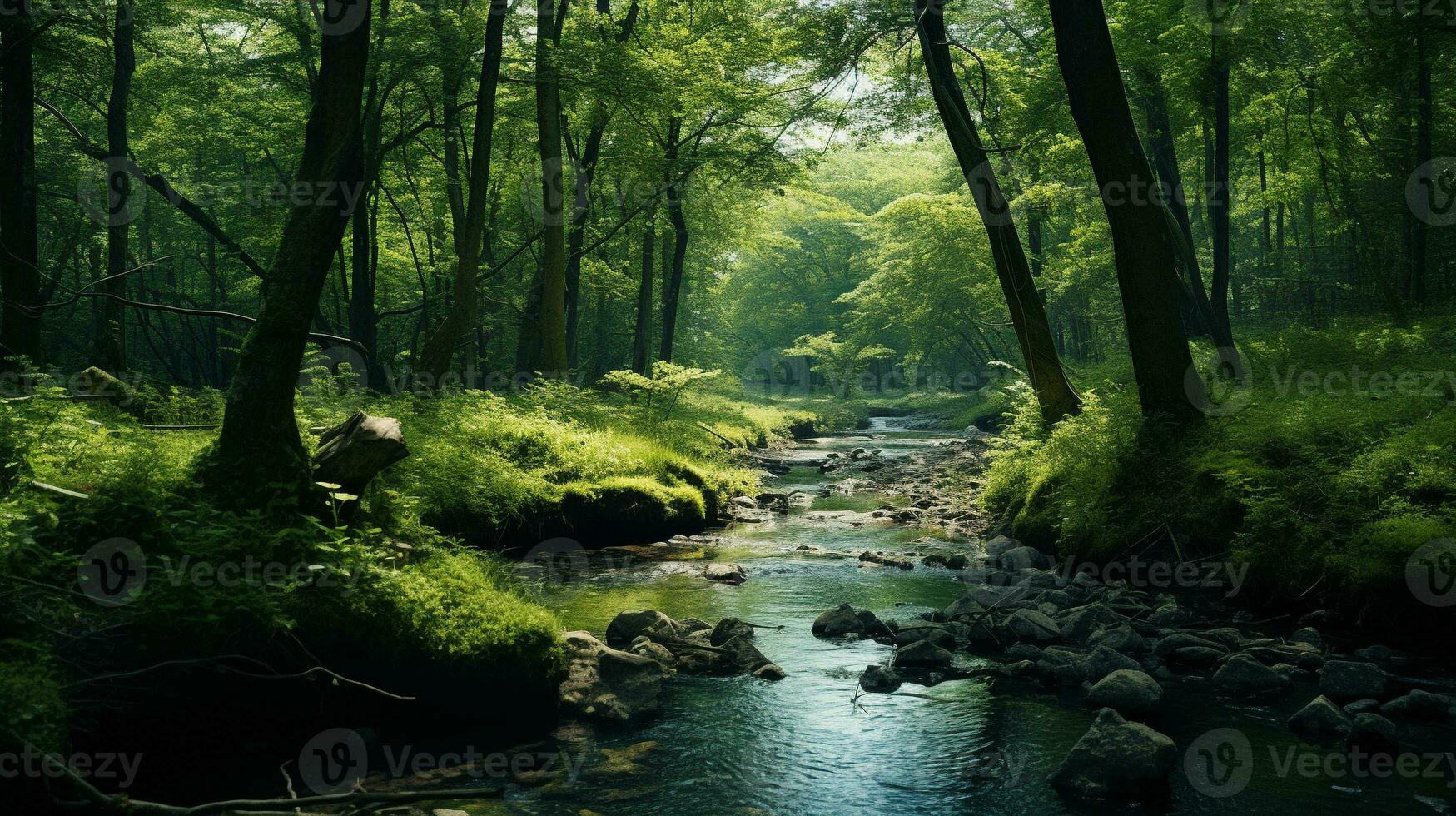 grön träd med ström i skog. natur scen bakgrund. generativ ai foto