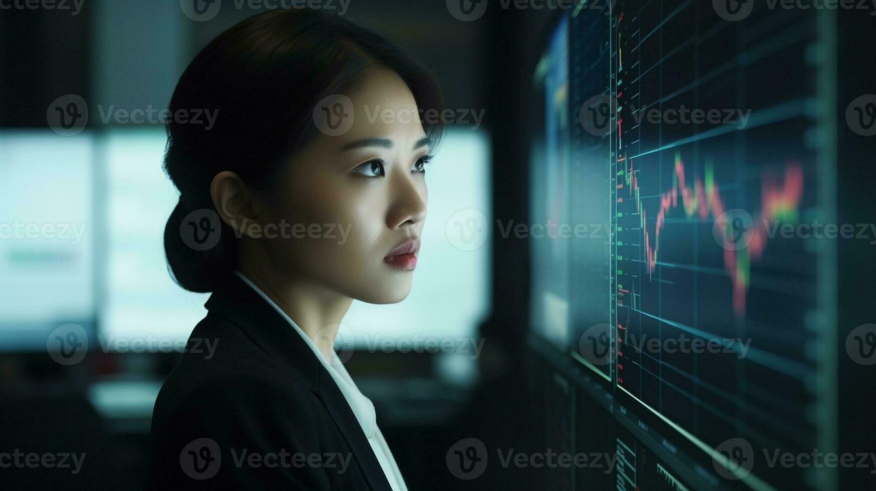 generativ ai. asiatisk affärskvinna analyserar investering portfölj på dator skärm med flera olika grafer foto