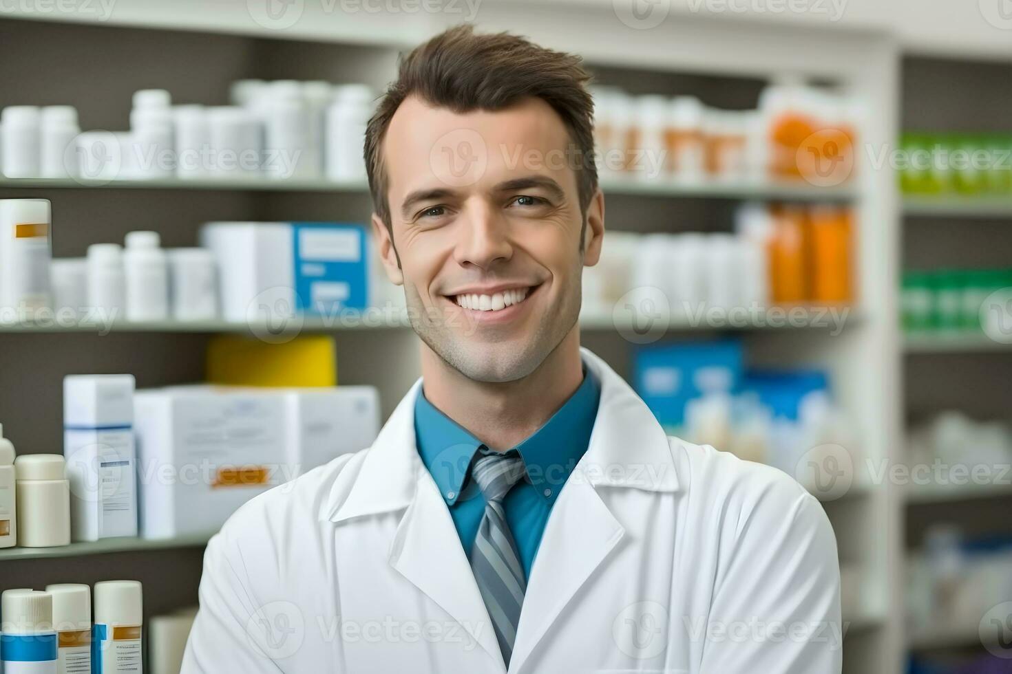 expert- manlig apotekare i de läkemedel Lagra tillhandahålla professionell sjukvård tjänster med leende. generativ ai. foto
