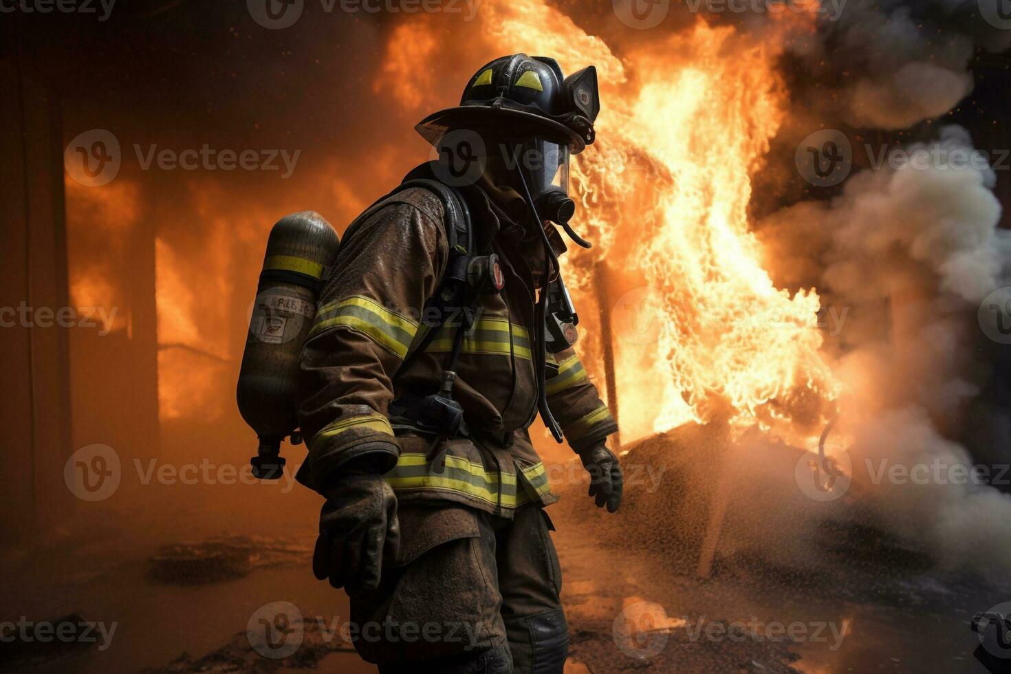 generativ ai. hjältar av de lågor realistisk brandmän slåss rasande inferno foto