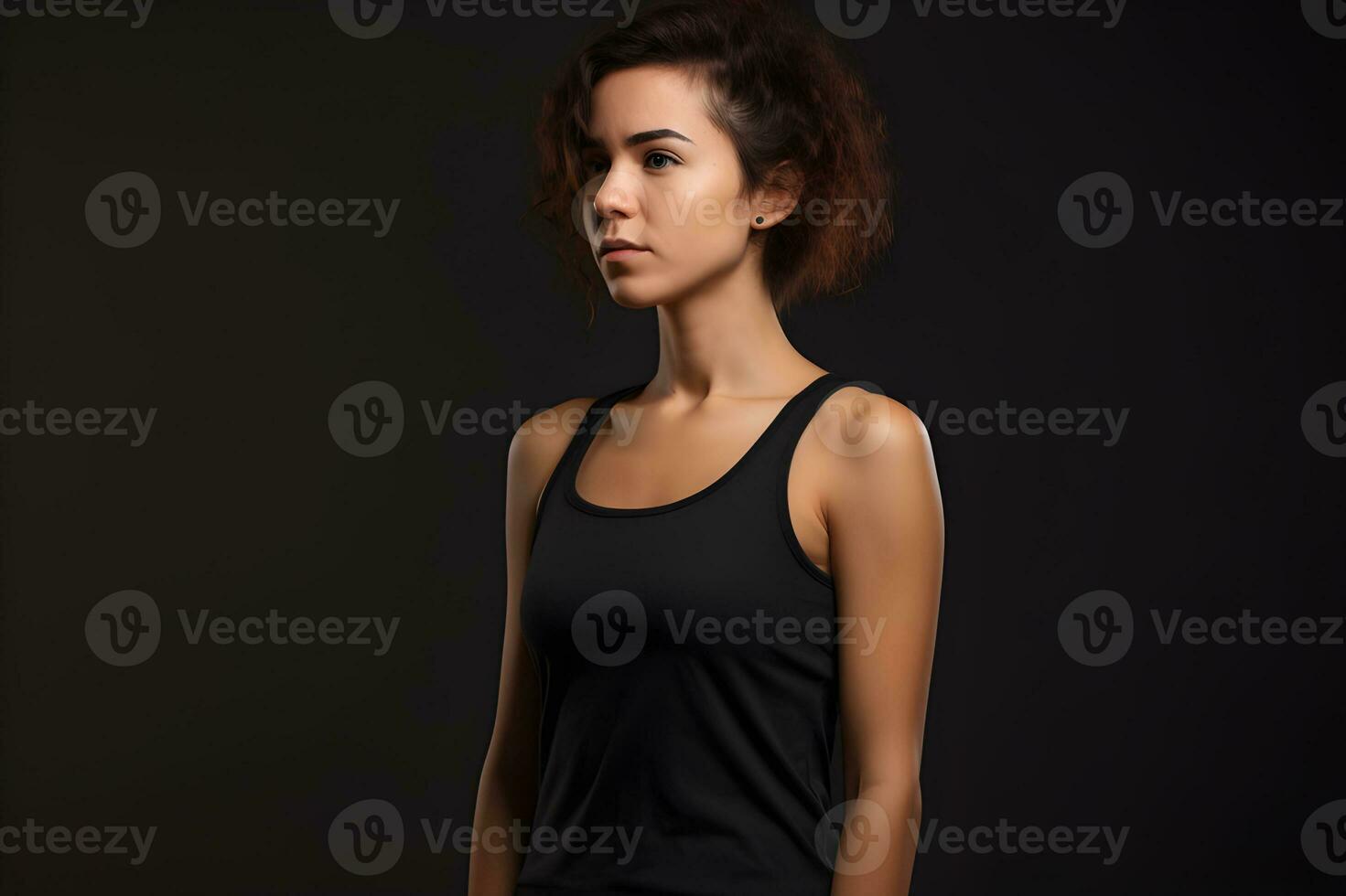 generativ ai. tom svart tank topp falsk upp på kvinna modell monter din mönster i stil foto