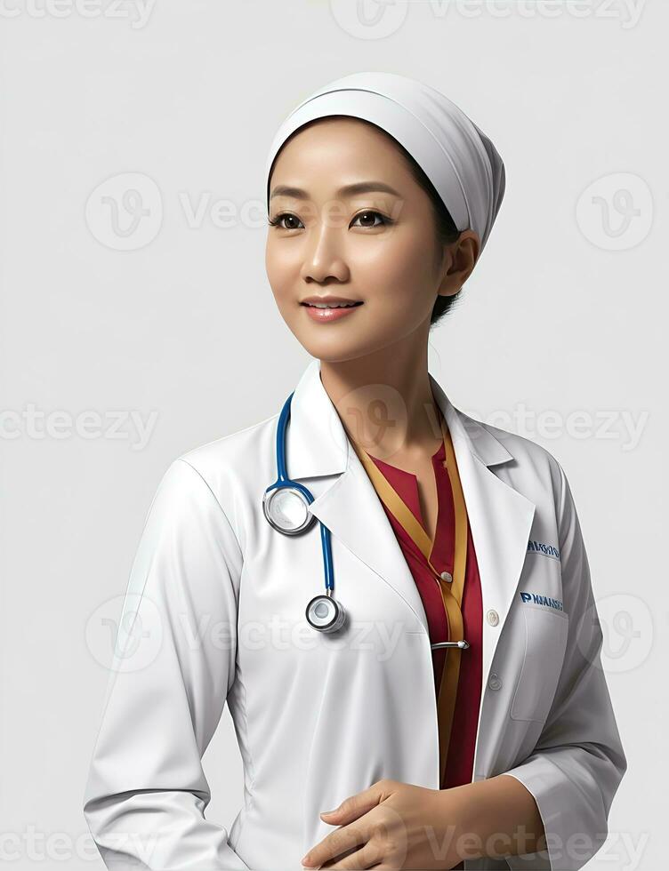 ai generativ, smilling kvinna läkare porträtt. sjukvård medicinsk och medicin begrepp. foto