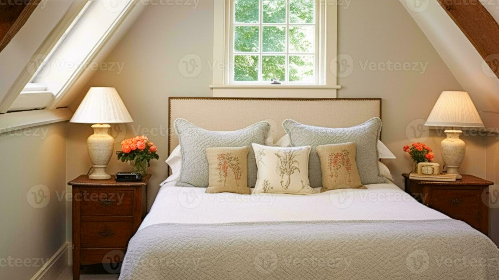 bondgård sovrum dekor, interiör design och Hem dekor, säng med elegant strö och skräddarsydd möbel, engelsk Land hus, Semester uthyrning och stuga stil foto
