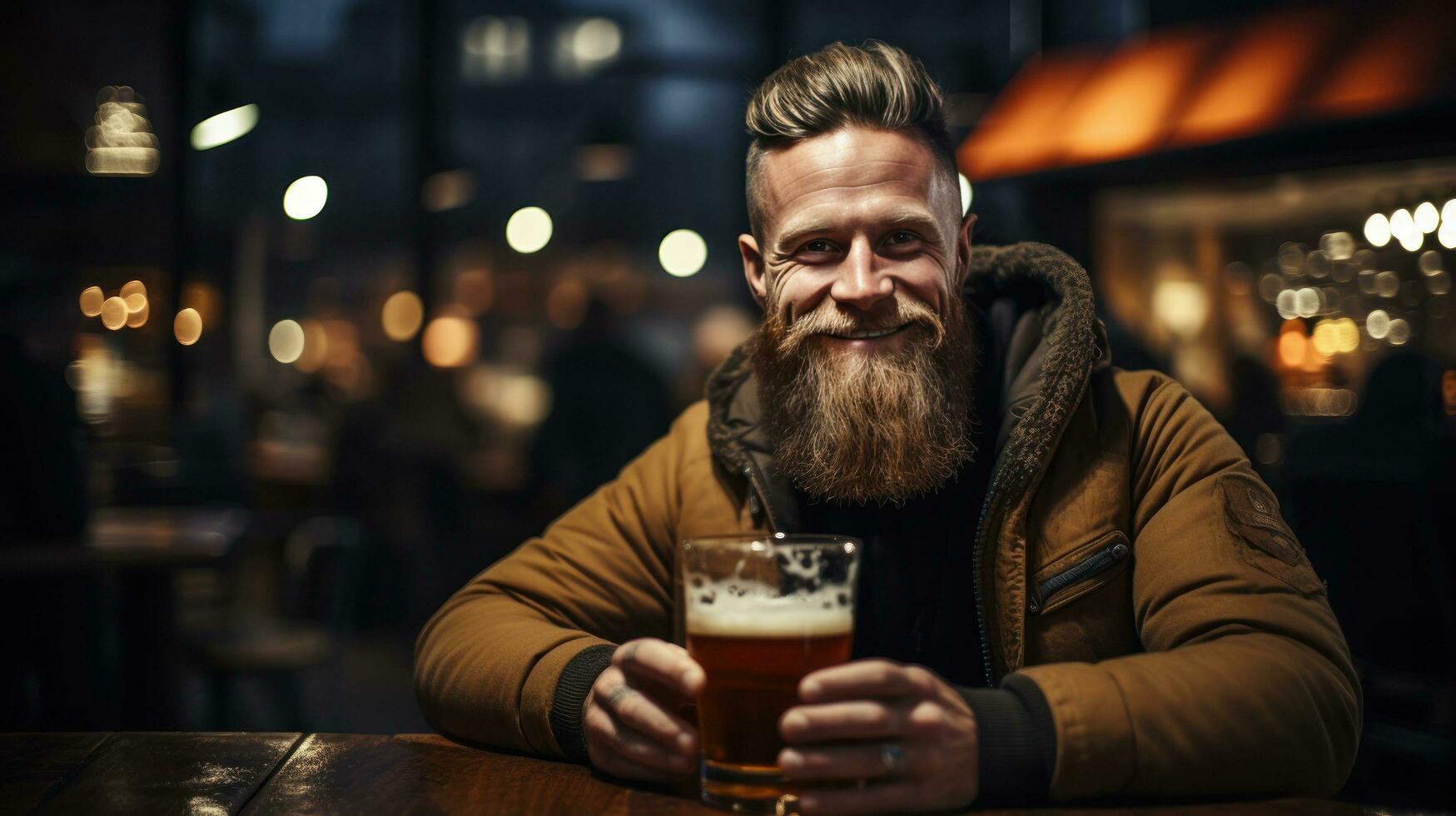 Brutal scandinavian man med glas av öl, bokeh suddig pub bakgrund foto