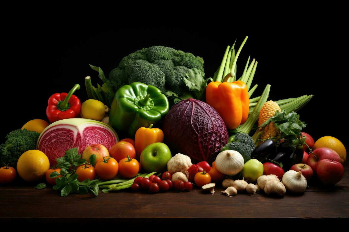 sammansättning med mängd av rå organisk grönsaker på trä- tabell. balanserad diet, sortiment av färsk organisk frukt och grönsaker, ai genererad foto