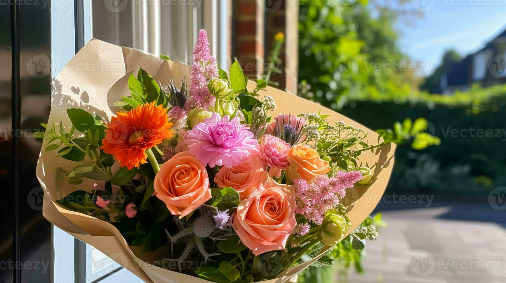 blomma affär leverans och Semester gåva post service, skön bukett av blommor på en hus tröskel i de landsbygden, generativ ai foto