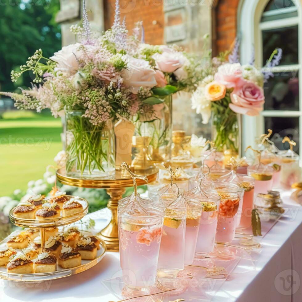 bröllop buffé tabell, händelse efterrätt mat catering för bröllop, fest och Semester firande, kakor, sötsaker och desserter i en Land trädgård, generativ ai foto