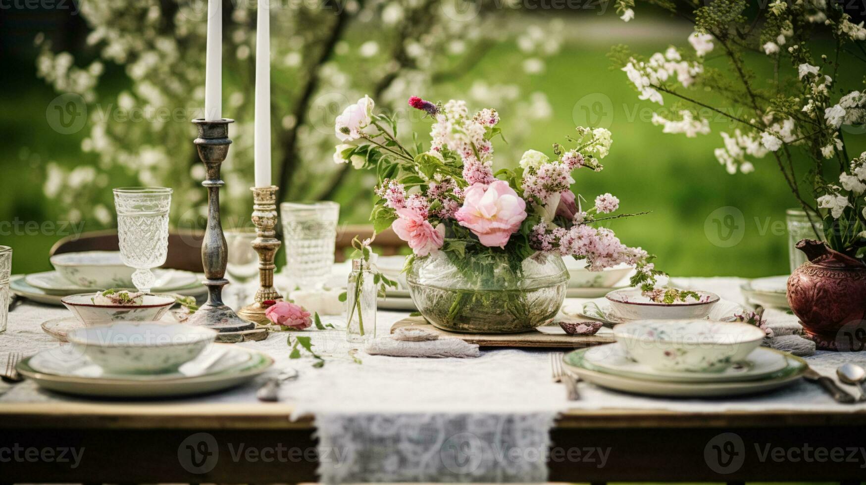 tabell dekor, Semester bordsbild och middag tabell miljö i landsbygden trädgård, formell händelse dekoration för bröllop, familj firande, engelsk Land och Hem styling foto