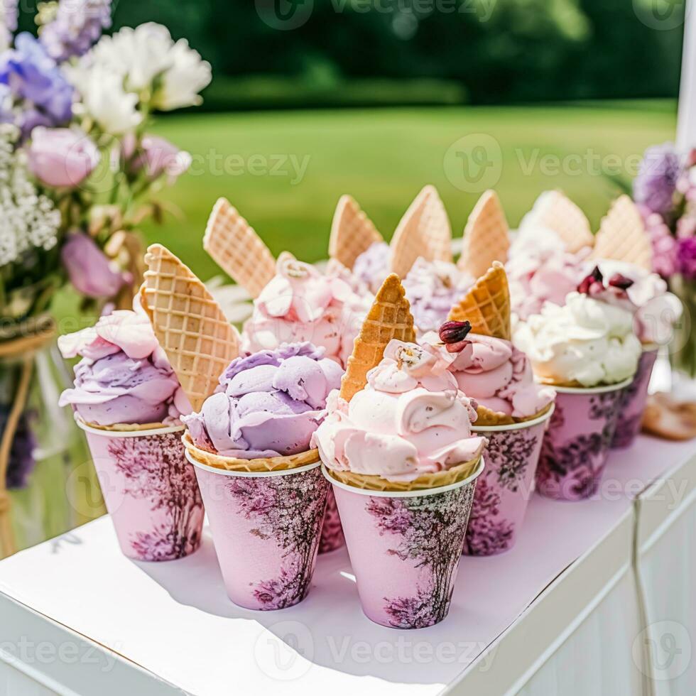 is grädde desserter buffé tabell, händelse mat catering för bröllop, fest och Semester firande, is krämer och blommor dekor i en blommig landsbygden trädgård, generativ ai foto