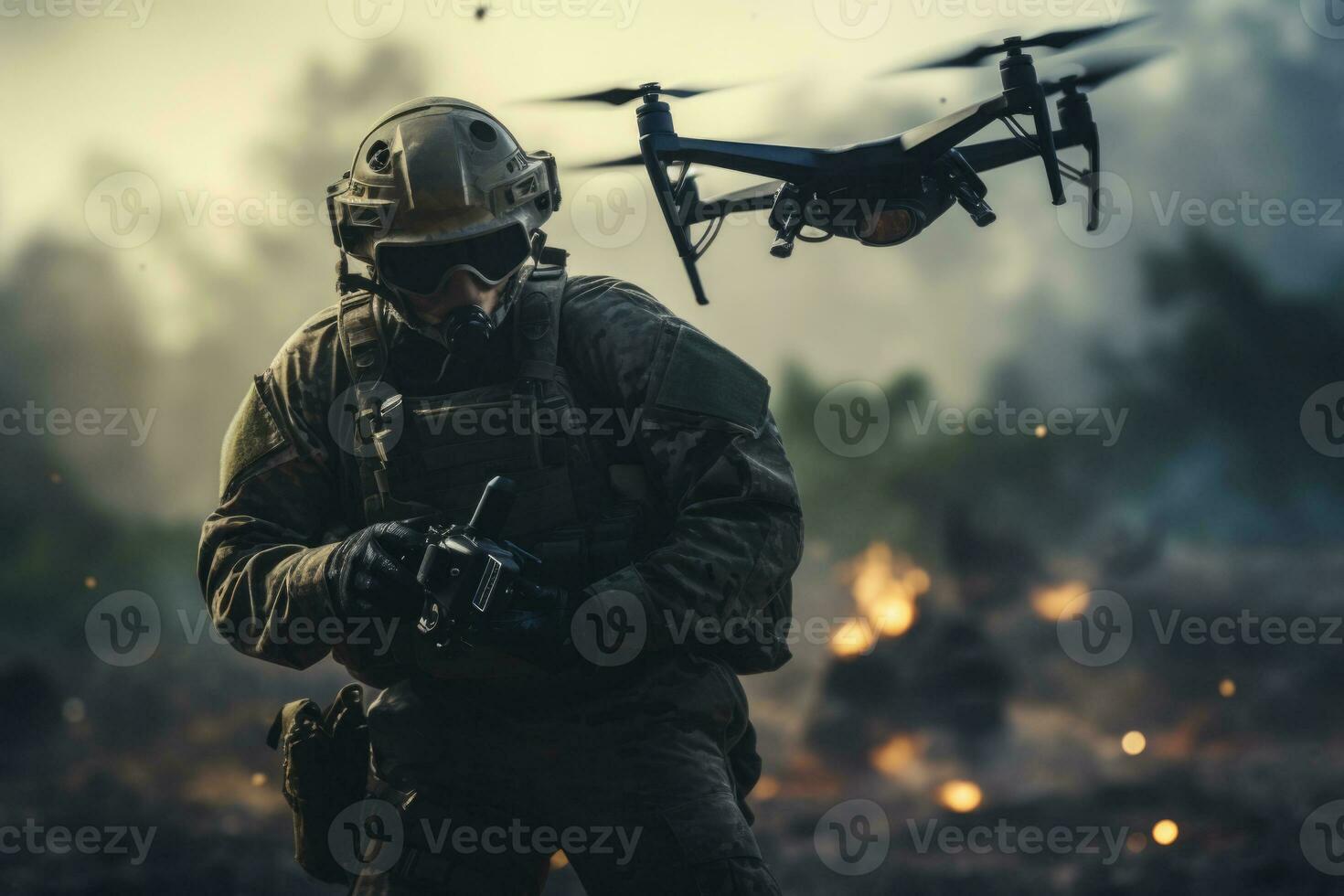 militär krafter använder sig av bekämpa quadcopter på krig. generativ ai foto