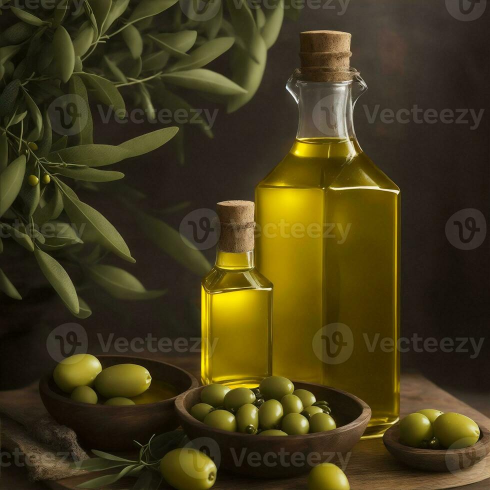 Foto oliver och oliv olja i flaska närbild med oliv gren förbi ai genererad