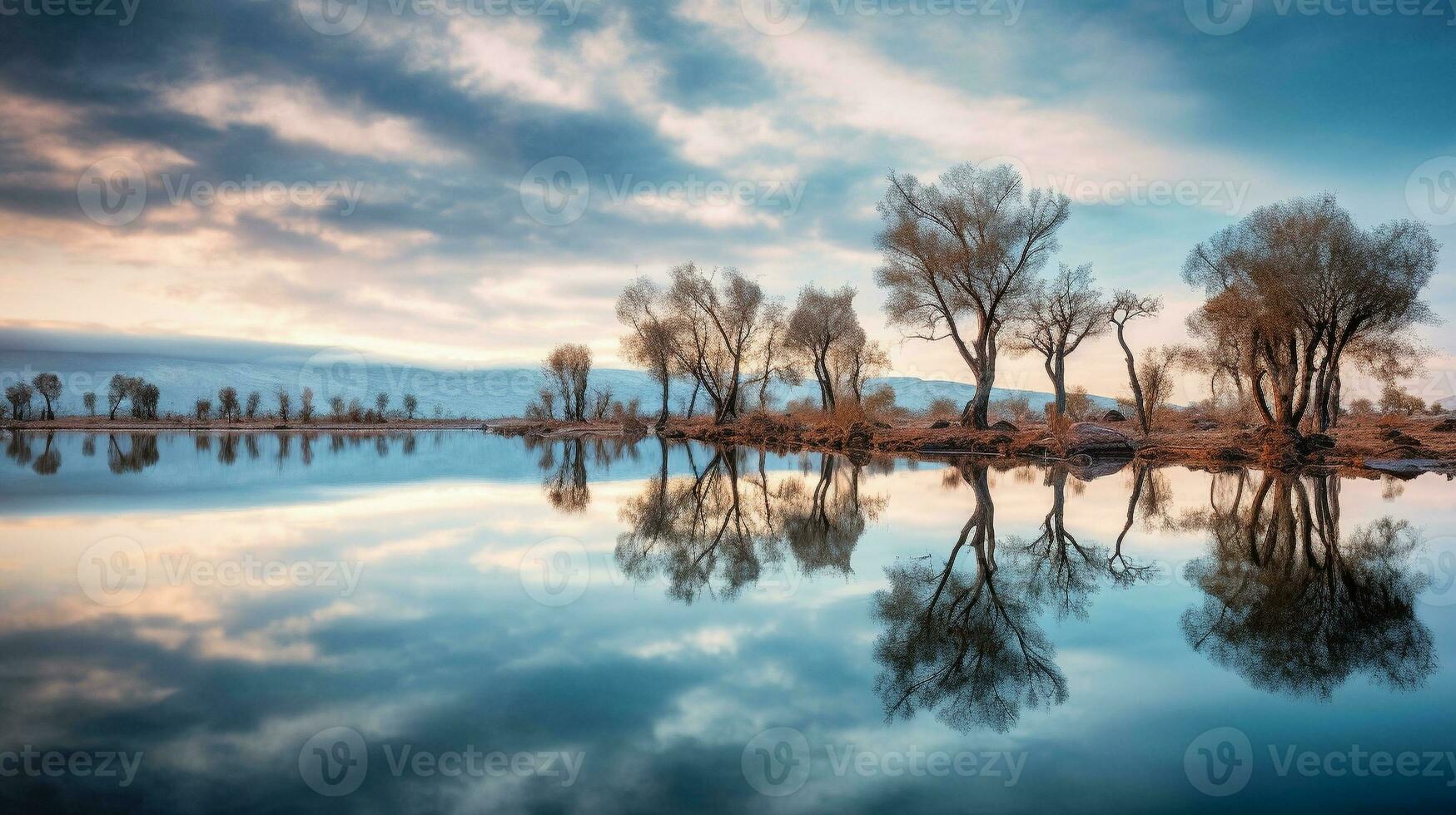 generativ ai, reflektioner landskap speglad i vatten skapande fantastisk reflektioner foto