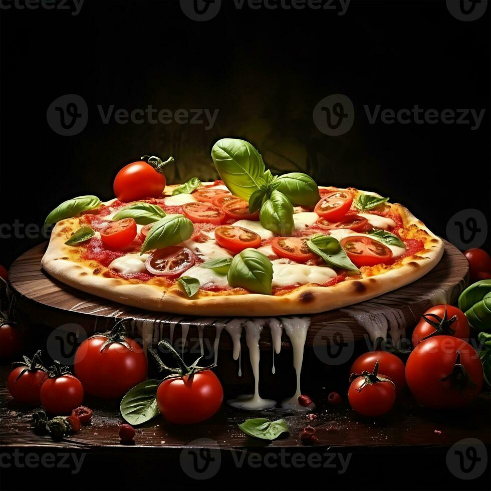 en skiva av italiensk pizza med mozzarella ost Krispig på de tabell foto