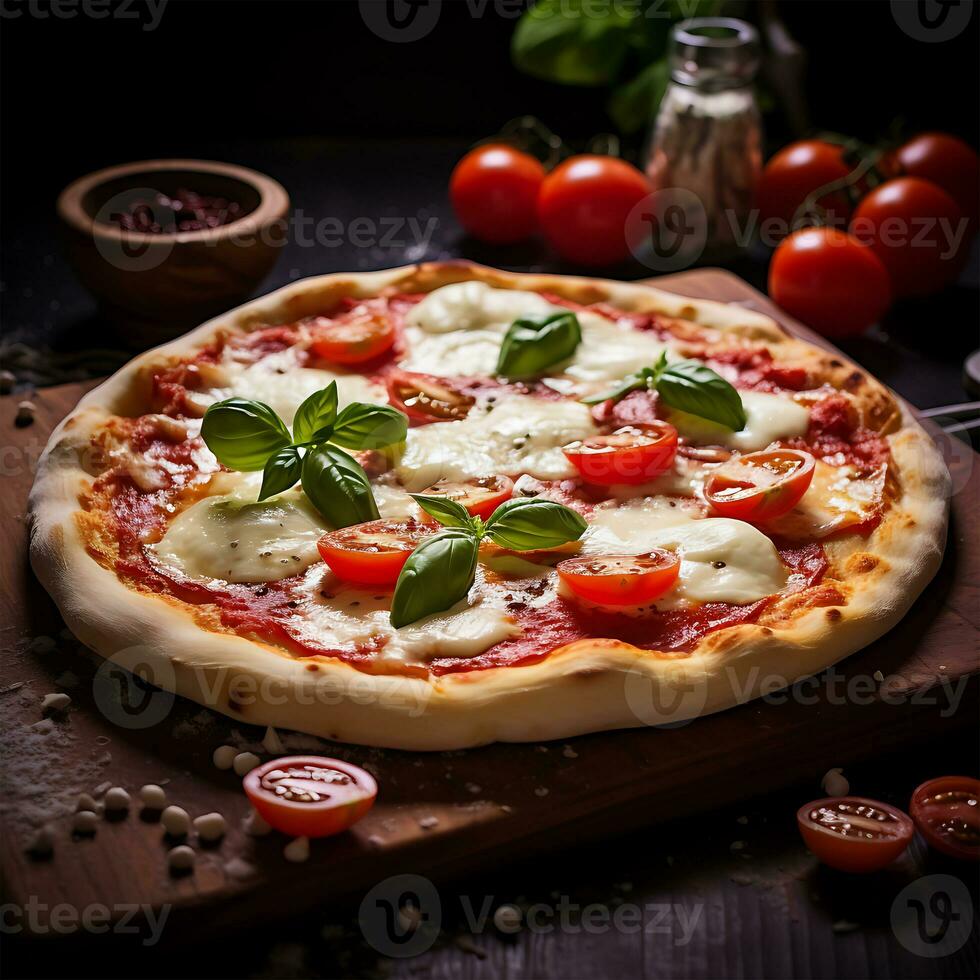 en skiva av italiensk pizza med mozzarella ost Krispig på de tabell foto