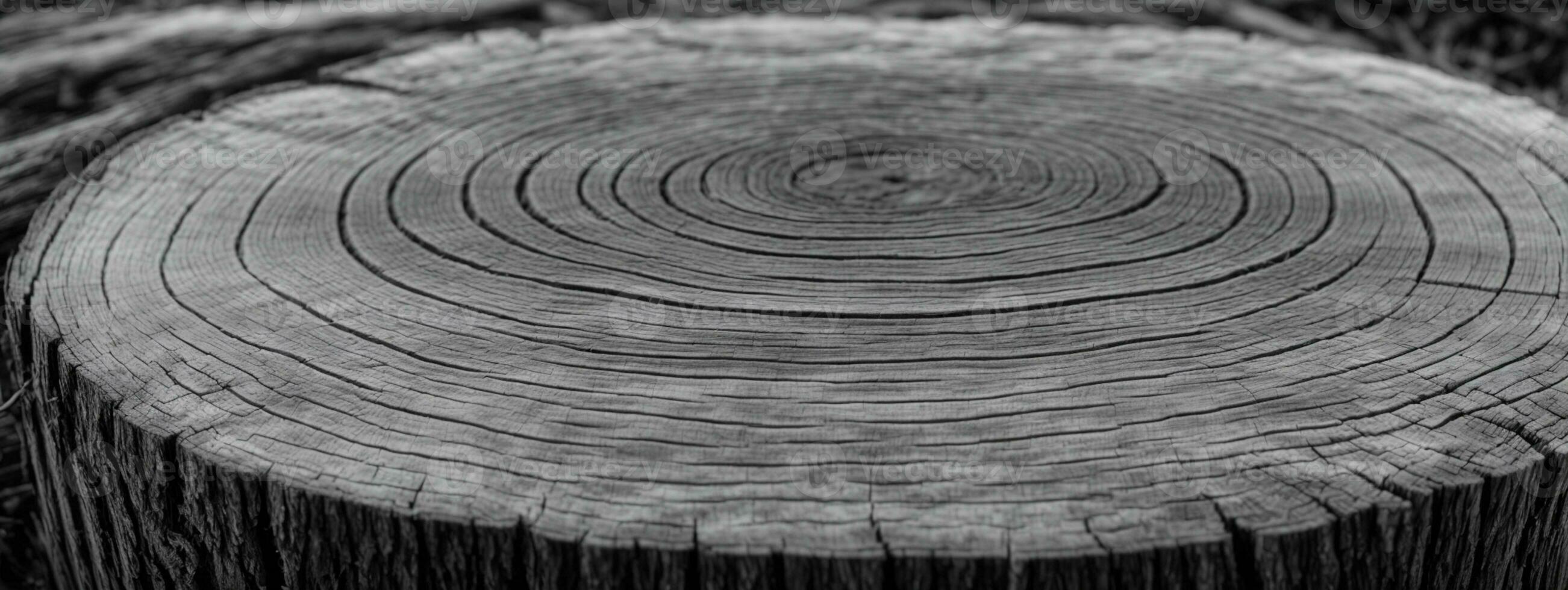 värma grå skära trä textur. detaljerad svart och vit textur av en fällda träd trunk eller stubbe. grov organisk träd ringar med stänga upp av slutet spannmål.. ai genererad foto