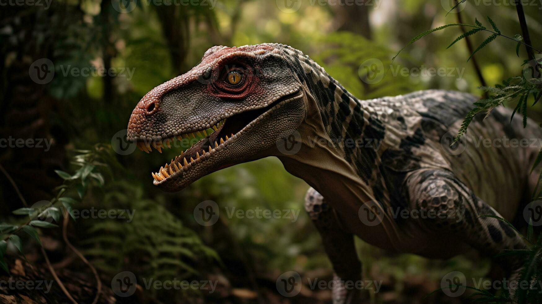 Foto av velociraptor rex i de djungel. generativ ai