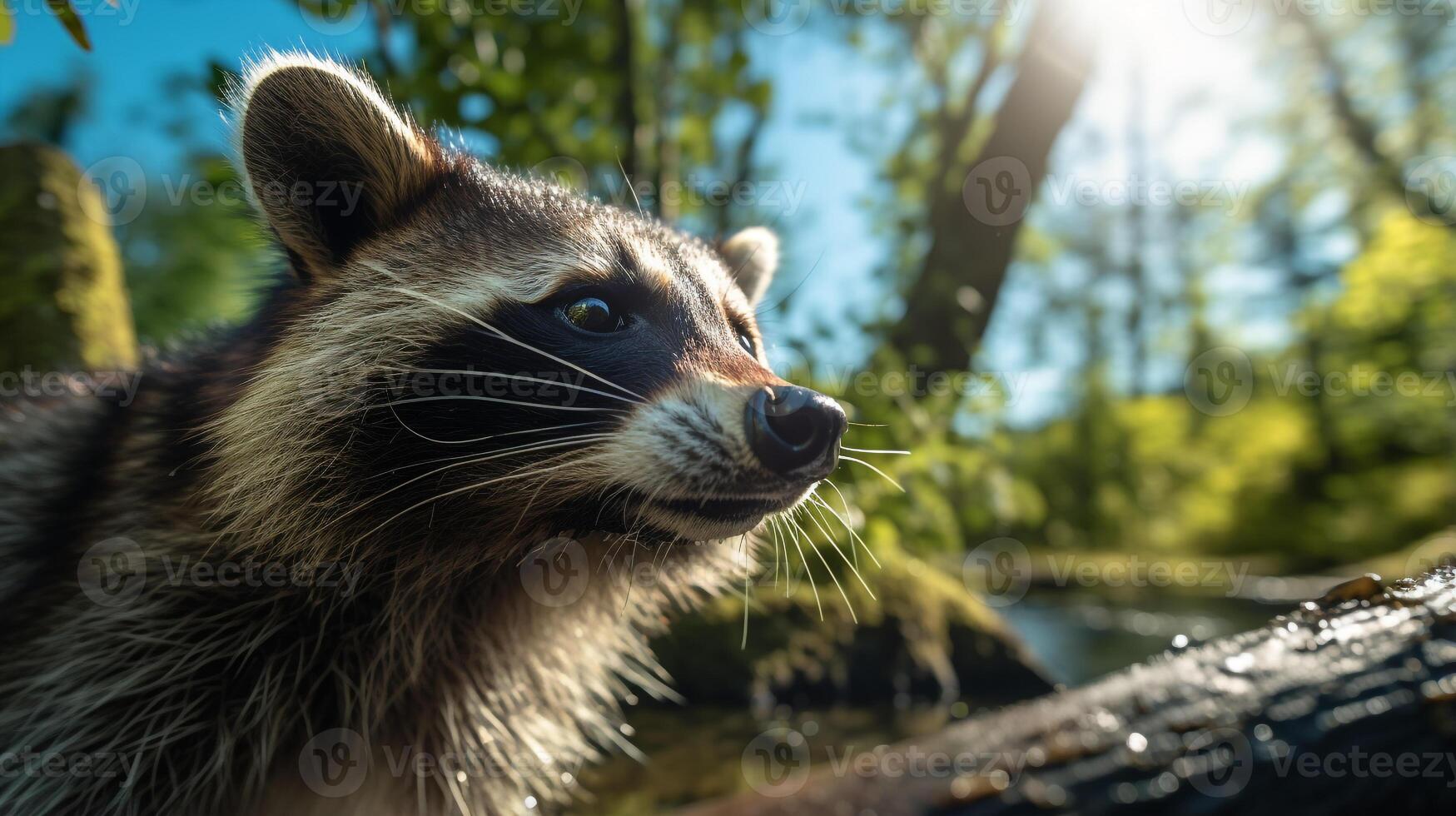 Foto av tvättbjörn i ther skog med blå himmel. generativ ai