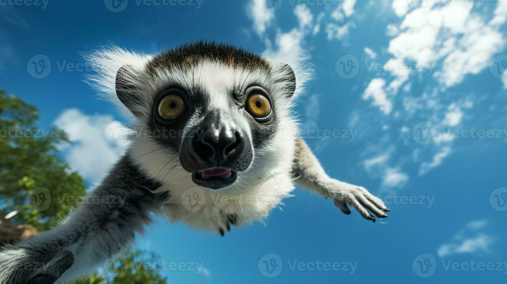 Foto av lemur i ther skog med blå himmel. generativ ai