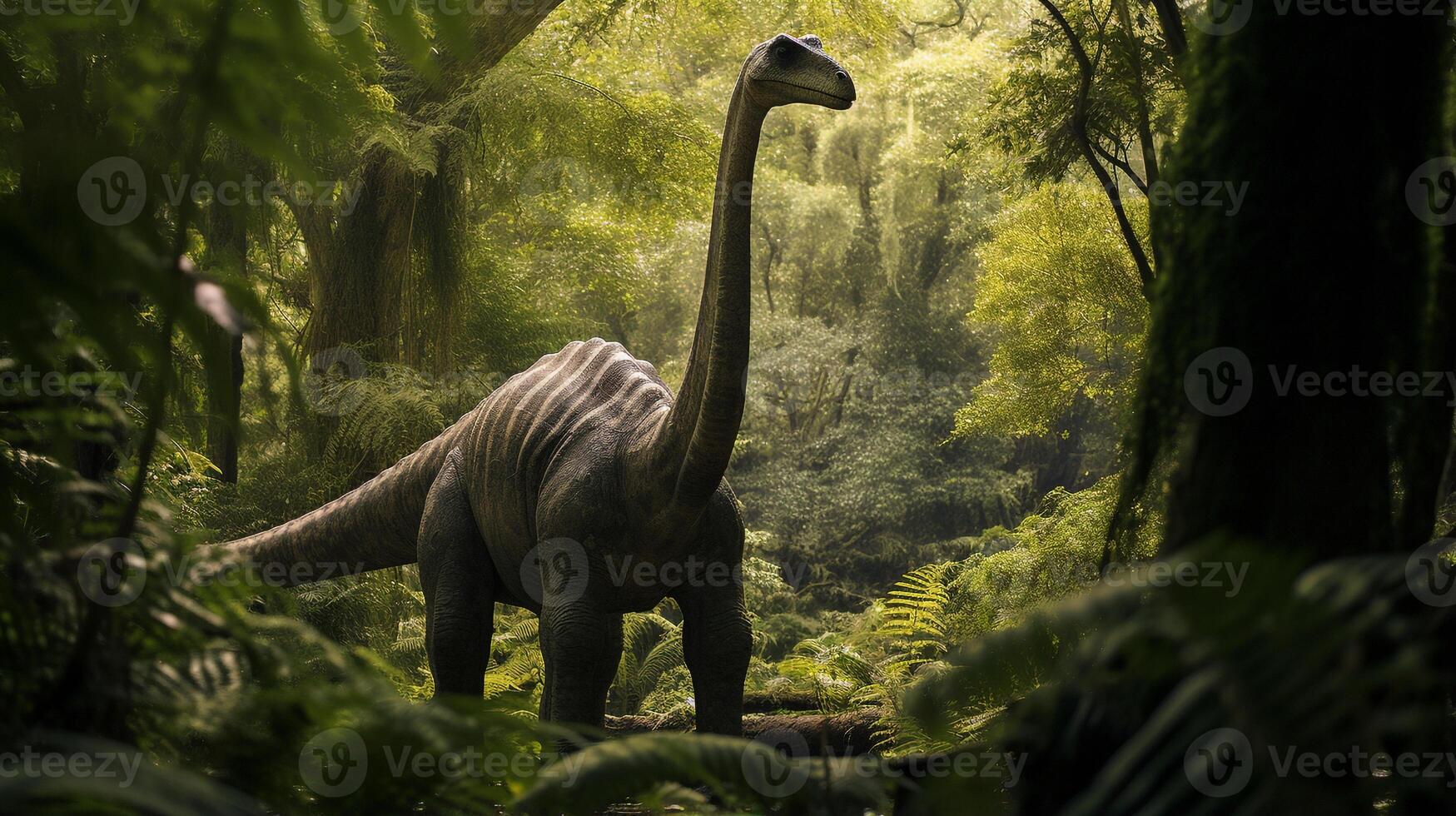 Foto av brachiosaurus rex i de djungel. generativ ai