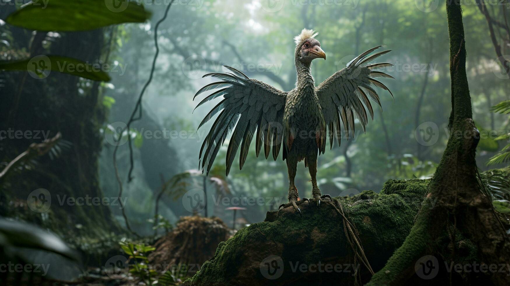 Foto av arkeopteryx rex i de djungel. generativ ai