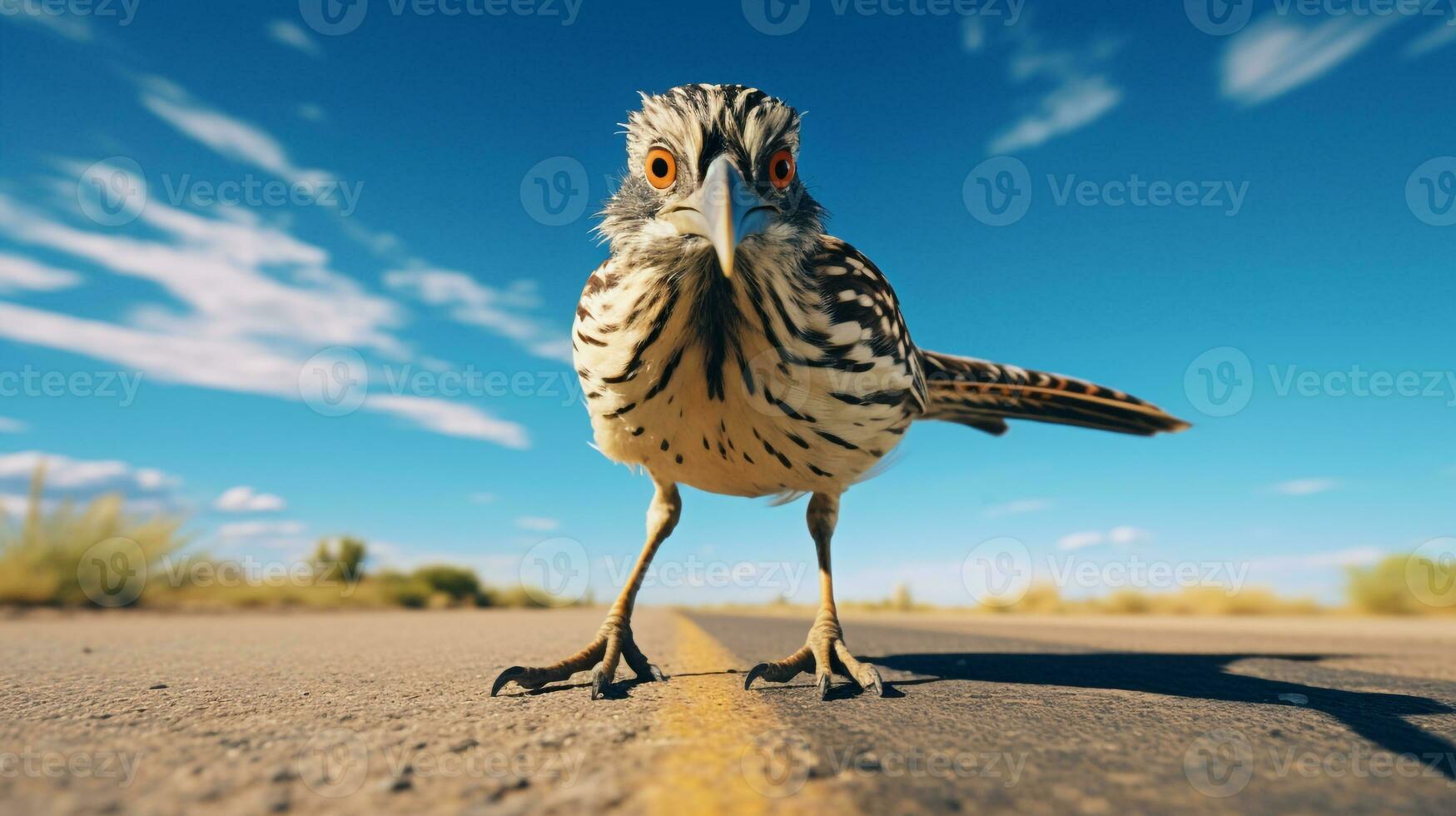 Foto av en roadrunner i en öken- med blå himmel. generativ ai